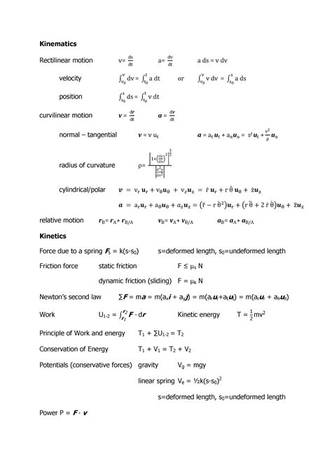 Formula Sheet Dynamics Kinematics Rectilinear Motion V Ds Dt A Dv