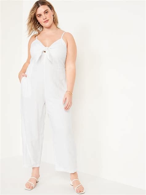 Cropped Smocked Knotted Linen Blend Cami Wide Leg Jumpsuit Old Navy