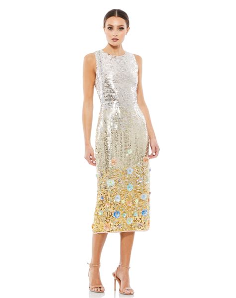 Metallic Ombré Floral Embellished Sleeveless Midi Dress Mac Duggal