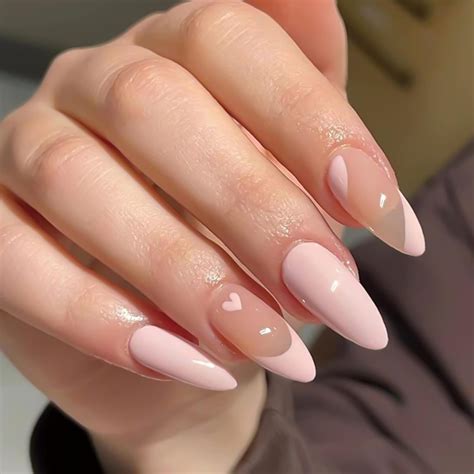 Yosomk Light Pink Press On Nails Medium Almond Fake Nails Cute Heart Glossy Glue On