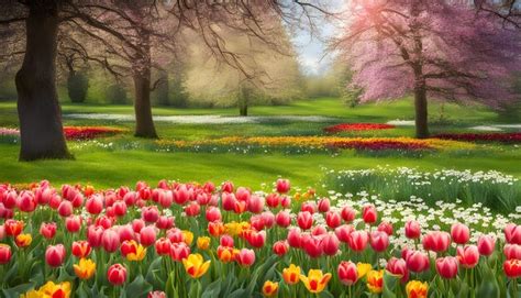 Premium Photo | A field of tulips with a pink background