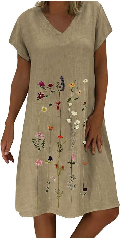 Ansenesna Kleid Damen Leinen Baumwolle Sommer Blumen Knielang Elegant