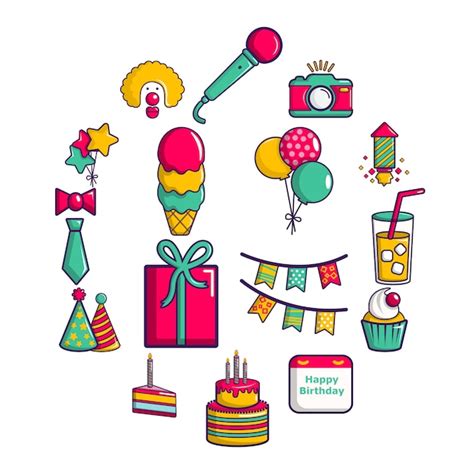 Premium Vector Happy Birthday Icon Set Cartoon Style