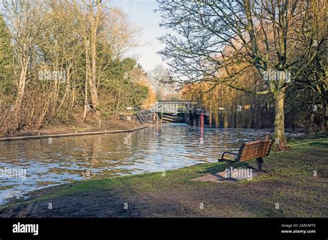 Landscape Of Tree Lined River Banks Wooden Seat And Colin P Witter