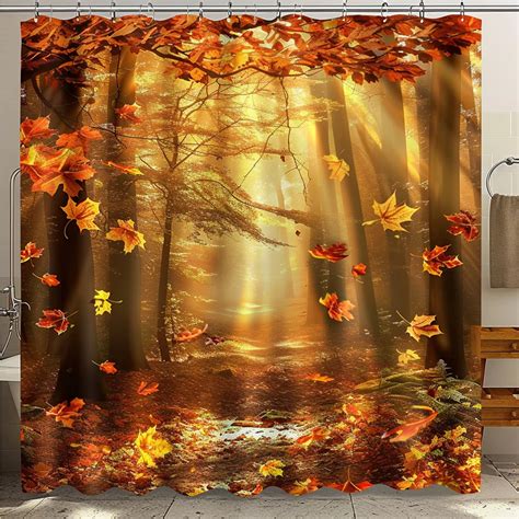 Autumn Forest Shower Curtain Falling Leaves And Sunlight Design Nature