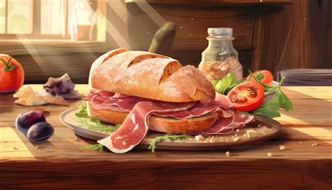 Sobre una mesa de madera un bocadillo con jamón serrano ilustración