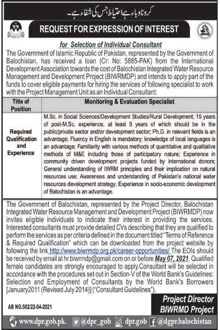 Jobs In Monitoring Evaluation Specialist In Quetta Balochistan 2021