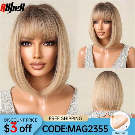 Short Straight Synthetic Wigs Ombre Blonde Brown Bob Wig With Bangs For Black Women Afro Cosplay