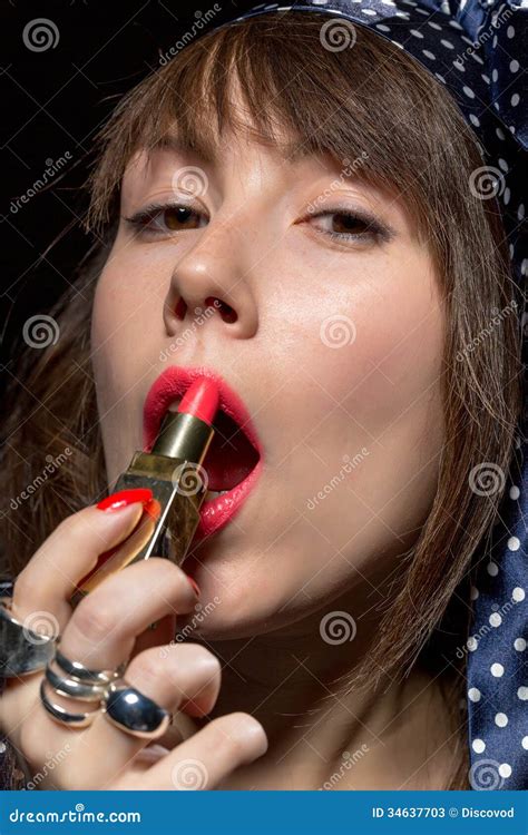 Sensual Woman Applying Red Lipstick Stock Image Image Of Applying