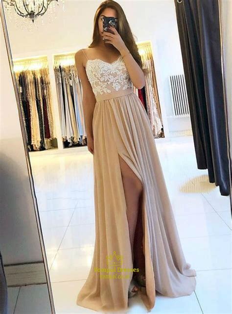 Champagne Chiffon Spaghetti Strap Lace Applique Prom Dress With Split