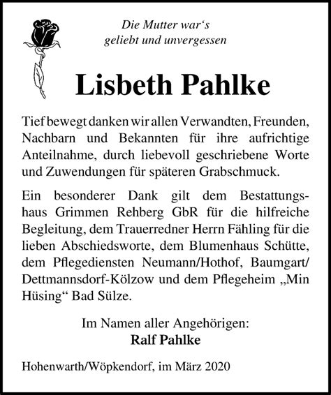 Traueranzeigen Von Lisbeth Pahlke Trauer Anzeigen De