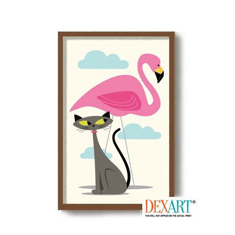 Mid Century Modern Atomic Cat Art Print Cat Lover Gift Pink Flamingo