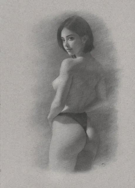 Female Nude Model Original Drawing Charcoal Art Realism Naked Woman No