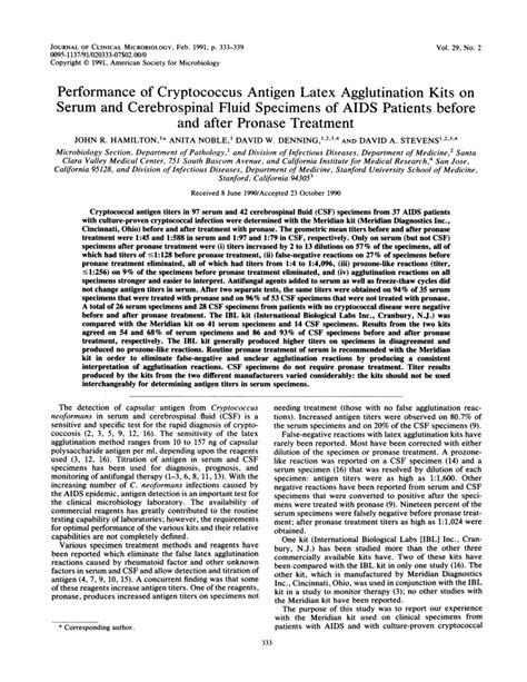 Pdf Performance Of Cryptococcus Antigen Latex Agglutination Kits On Serum And Cerebrospinal