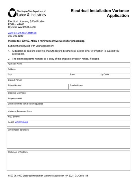 Fillable Online Lni Wa Electrical Installation Variance Application