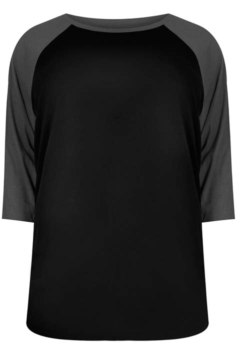 Black And Charcoal 3 4 Sleeve T Shirt With Contrast Raglan Sleeves Plus Size 16 18 20 22 24 26 28 30 3