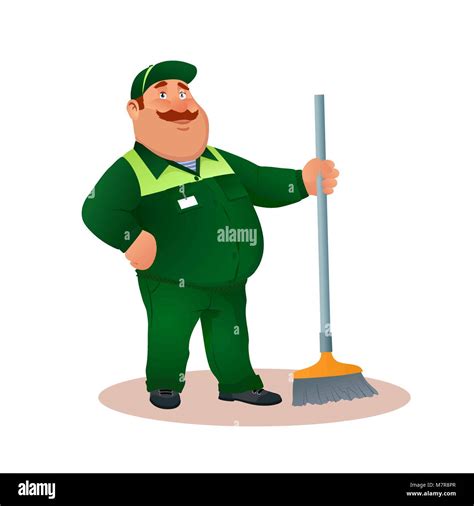 Smiling cartoon janitor with mop. Funny fat character in green suit ...