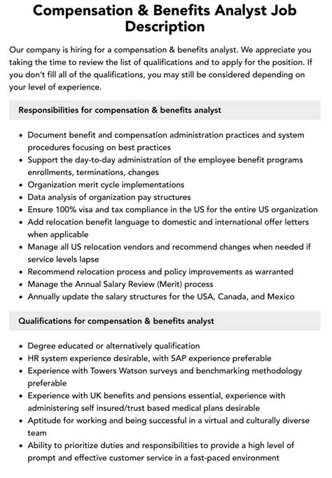 Compensation And Benefits Analyst Job Description Velvet Jobs