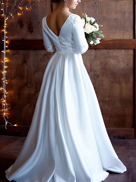 Modest A Line Long Sleeve V Back Satin Wedding Dress Comelyme