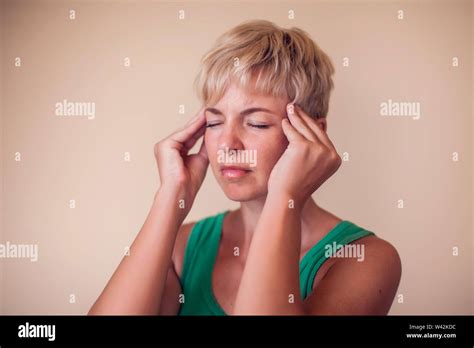 Woman With Short Hair Feels Strong Headache Isolated People