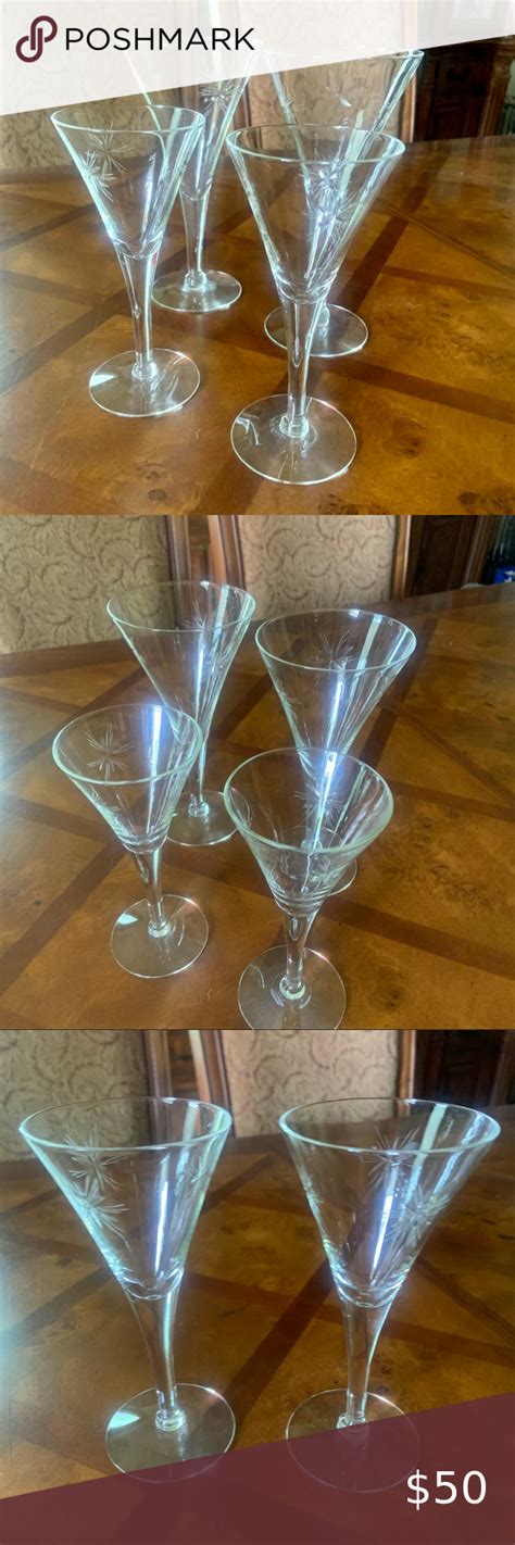 Vintage Mid Century Modern Etched Starburst Champagne Martini Glasses Set Of 4 Champagne