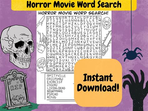 Horror Movie Word Search Horror Movie Activity Halloween PDF Instant