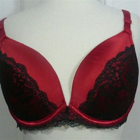 Cacique 40b Red Satin Black Lace Push Up Plunge Sexy… Gem