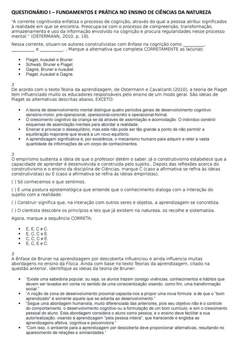 Question Rio I Fundamentos E Pr Tica No Ensino De Ci Ncias Da