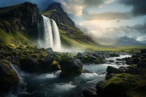 Premium AI Image A Waterfall In The Middle Of A Mountain In Iceland