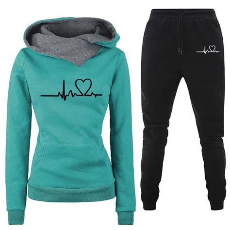 Womens Winter Warm Fleece Lined Two Piece Outfits Heartbeat Print Pullover Hoodies Sweatpants