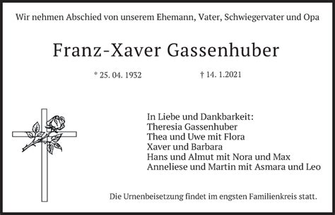 Traueranzeigen Von Franz Xaver Gassenhuber Trauer Merkur De