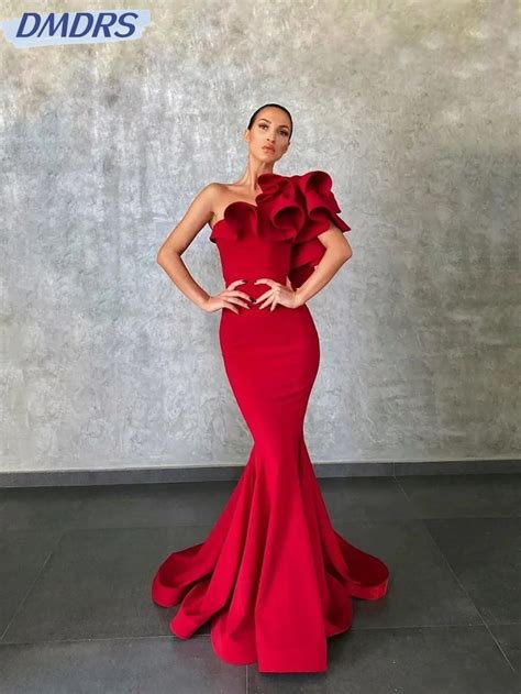 Sexy One Shoulder Backless Prom Gown Simple Ruffles Cocktail Dress Red