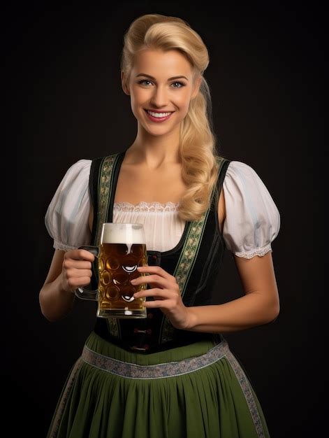 Premium AI Image Oktoberfest Waitress Holding Two Large Glasses Of