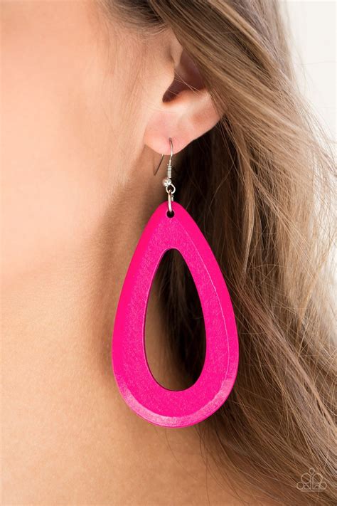 Paparazzi Malibu Mimosas Pink Wood Teardrop Drop Hoop Earrings En