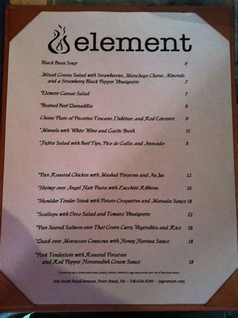 Element Menu, Menu for Element, Front Royal, Front Royal - Urbanspoon/Zomato