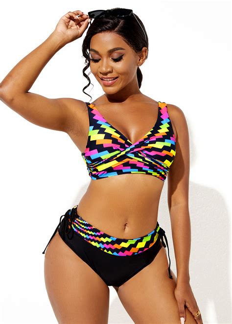 Geometric Print Bowknot Detail Wide Strap Bikini Set Rosewe USD