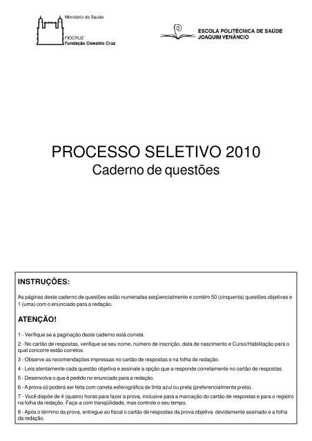 Prova Processo Seletivo Ensino M Dio Epsjv