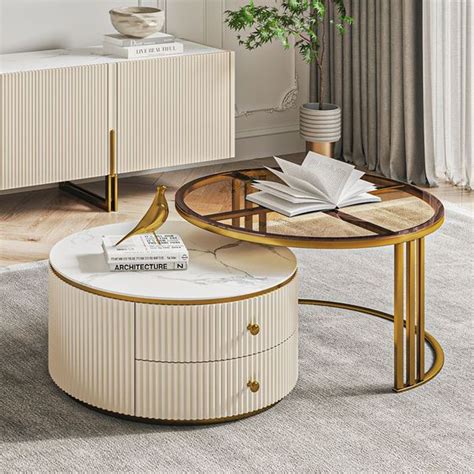 Latest Design Round Center Table With Metal Base & White Deco.