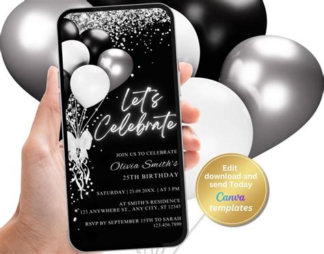 Digital Black White Birthday Party Invitation Silver Glitter Editable Template Evite Instant