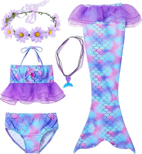 Amazon 5Pcs Mermaid Tails Swimsuit For Swimming For Girls Lace Tops Bikini Costume Bathing