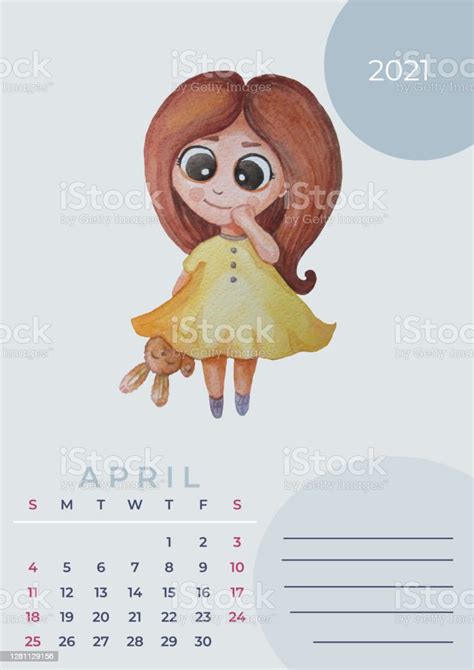 Ilustración De Calendario 2021 Acuarela Plantilla Para Abril Dibujo De Acuarela Una Chica Linda