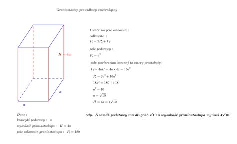 Pole powierzchni calkowitej graniastosłupa prawidłowego czworokątnego