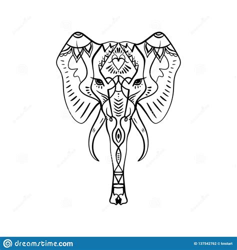 Beautiful Handdrawn Elephant Outline Boho Tribal Style Stock