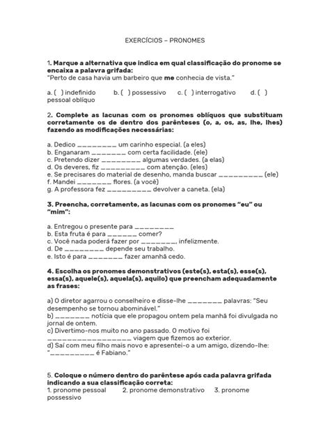 Exercicios De Pronome - Exercícios sobre Pronomes e Suas Classificações | PDF | Pronome | Gramática