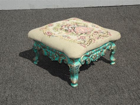 Vintage French Country Turquoise Cast Iron Footstool W White Floral