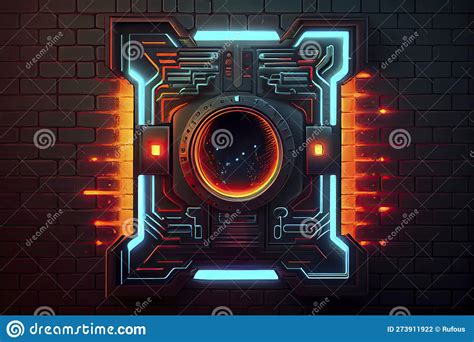 Abstract Background Of Sci Fi Hud Ui Neon Frame On Brick Wall Stock