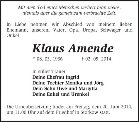 Traueranzeigen von Klaus Amende Märkische Onlinezeitung Trauerportal