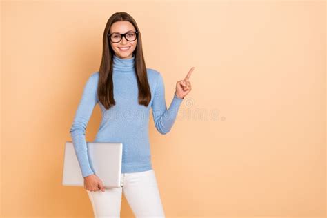 Photo Of Smart Brunette Young Lady Hold Laptop Index Promo Wear