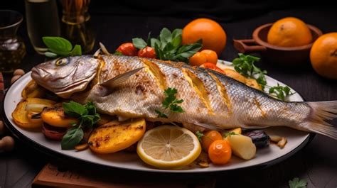 Un Plato De Pescado Con Verduras Y Limones Sobre Un Fondo Negro Foto