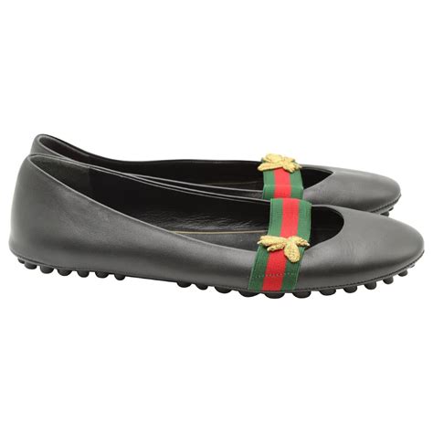 Gucci Bayadere Bee Ballet Flats In Black Calf Leather Leather Ref